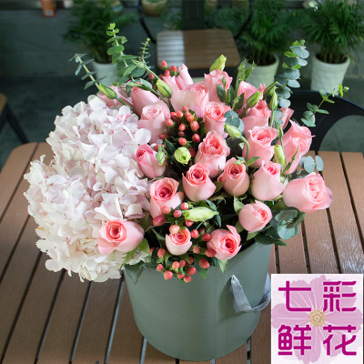 银川鲜花速递同城红香槟玫瑰绣球花抱抱桶银川买花送花生日送花店