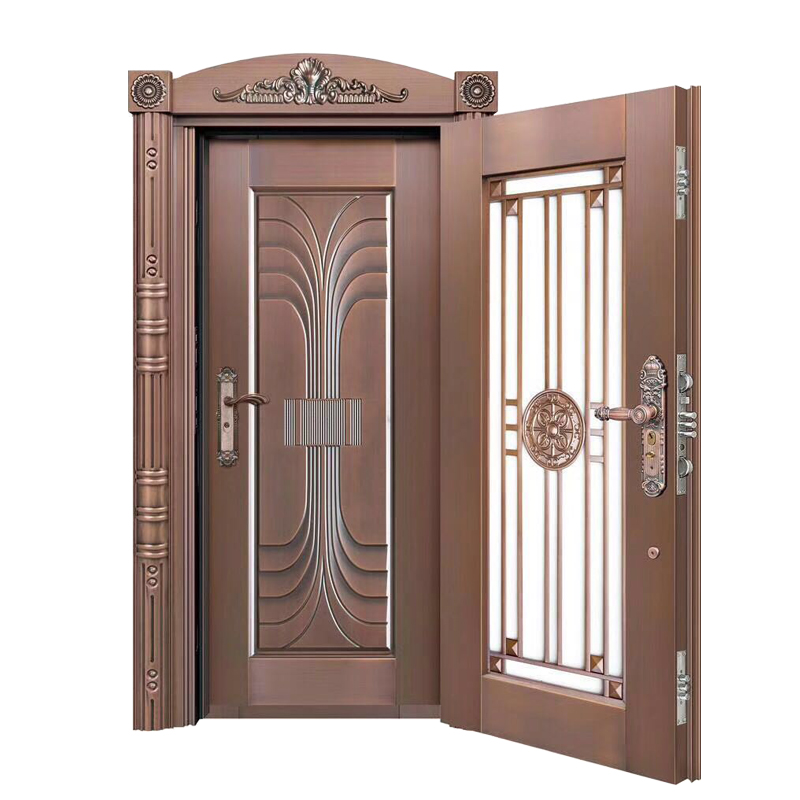 居顶双层防盗门厂家直销定制仿铜拉丝甲级入户门智能指纹锁进户门