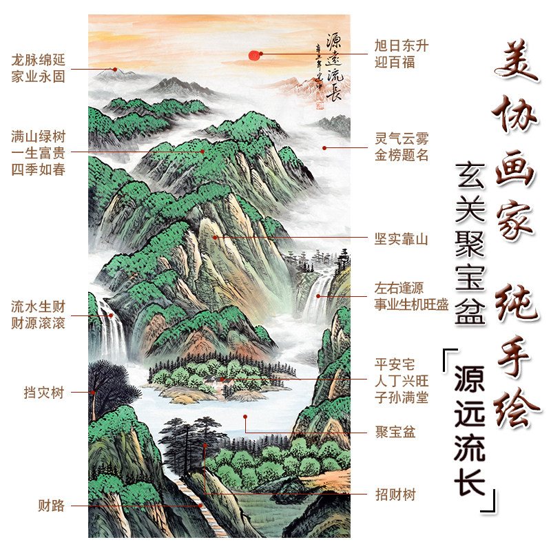 玄关客厅走廊山水画手绘手工竖版招财靠山镇宅风水聚宝盆挂画国画
