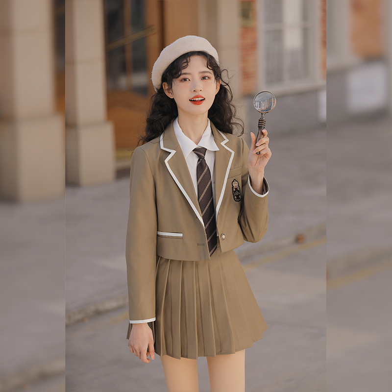 玲玖2022春秋新款两件套英伦风复古学院风西装外套百褶裙jk套装女