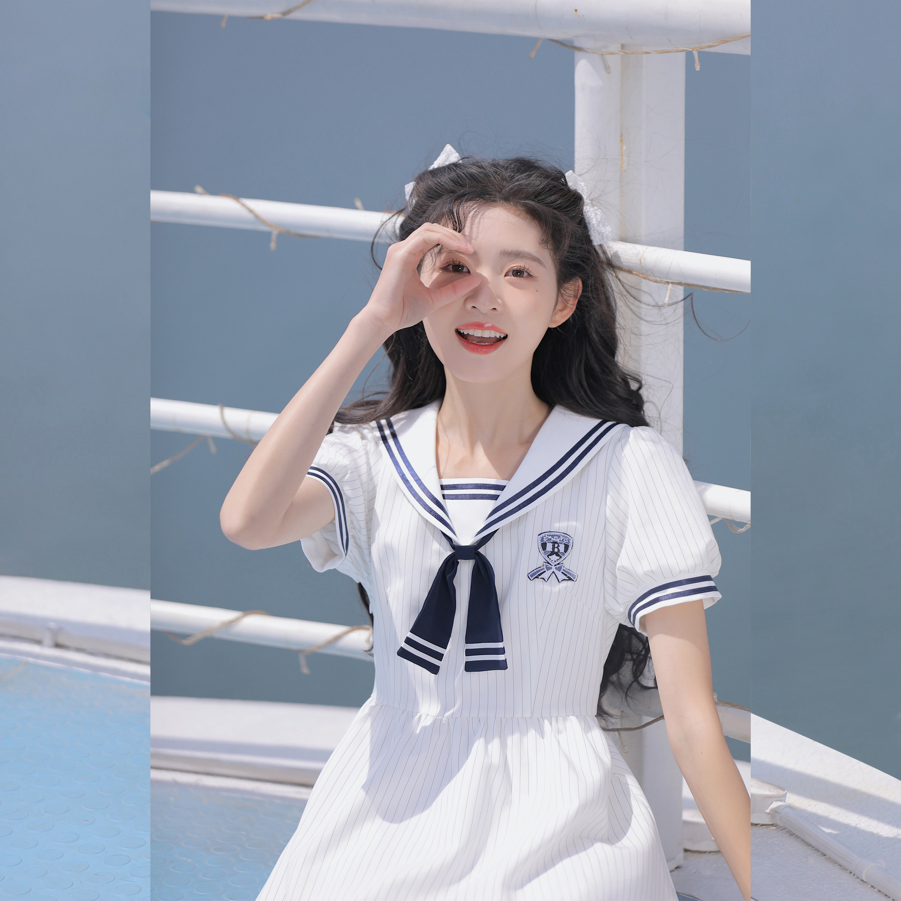 玲玖白色小清新条纹短袖减龄小个子日系海军领学院风连衣裙女夏