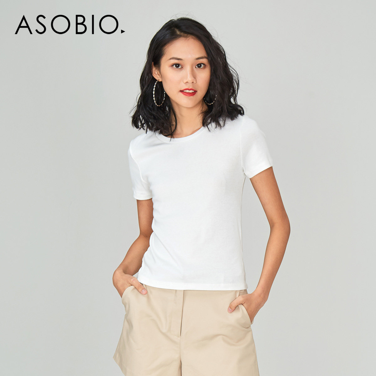 asobio女装 白色短袖t恤女士修身时尚圆领基础款单色短袖打底衫