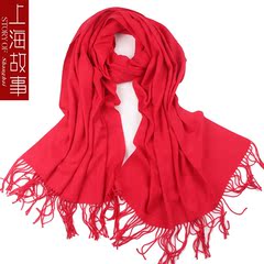 上海故事秋冬季仿羊绒女士围巾两用长款加厚保暖围脖纯色大红披肩