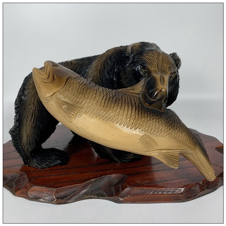 中古日本产 北海道手工一木雕熊逮鱼实木手工雕刻大摆件 高19cm