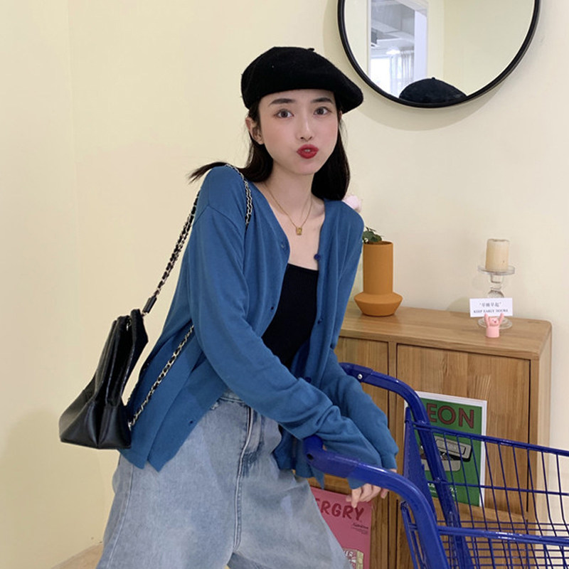 上衣2020年春季新款韩版宽松蓝色针织衫慵懒风外搭外套女春秋优惠券