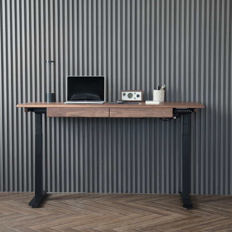 直销黑胡桃木实木电动升降桌办公移动自动工作台站立式智能带抽屉