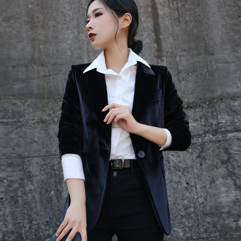 秋装新款2022女西装外套高端修身气质显瘦长袖西服黑色金丝绒上衣