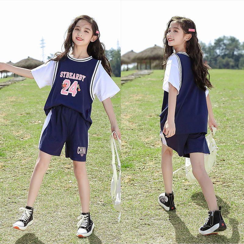 篮球服女童夏季套装2022新款大童儿童洋气童装夏装短袖运动两件套