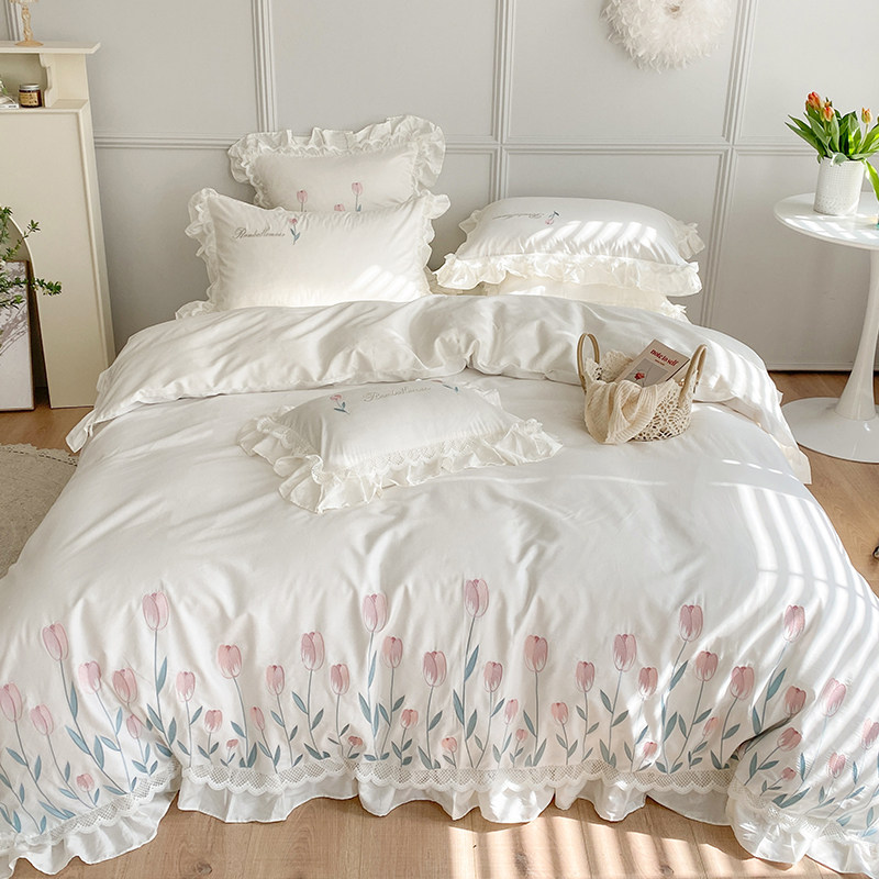 美式甜美郁金香刺绣80s长绒棉四件套蕾丝被套床单全棉纯床上用品4