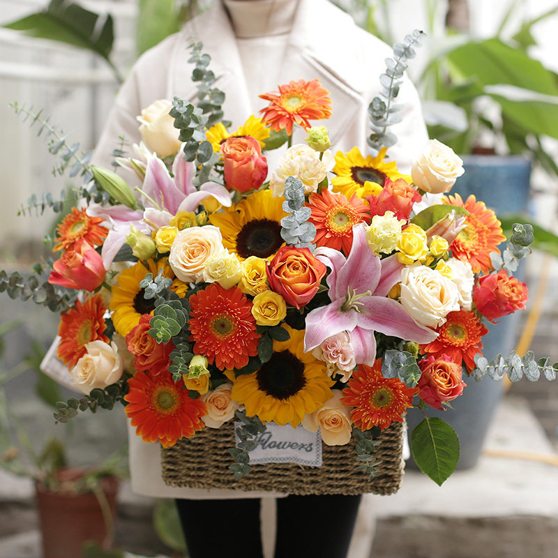 三八节扶郎向日葵玫瑰大花篮鲜花速递同城广州深圳北京成都配送花