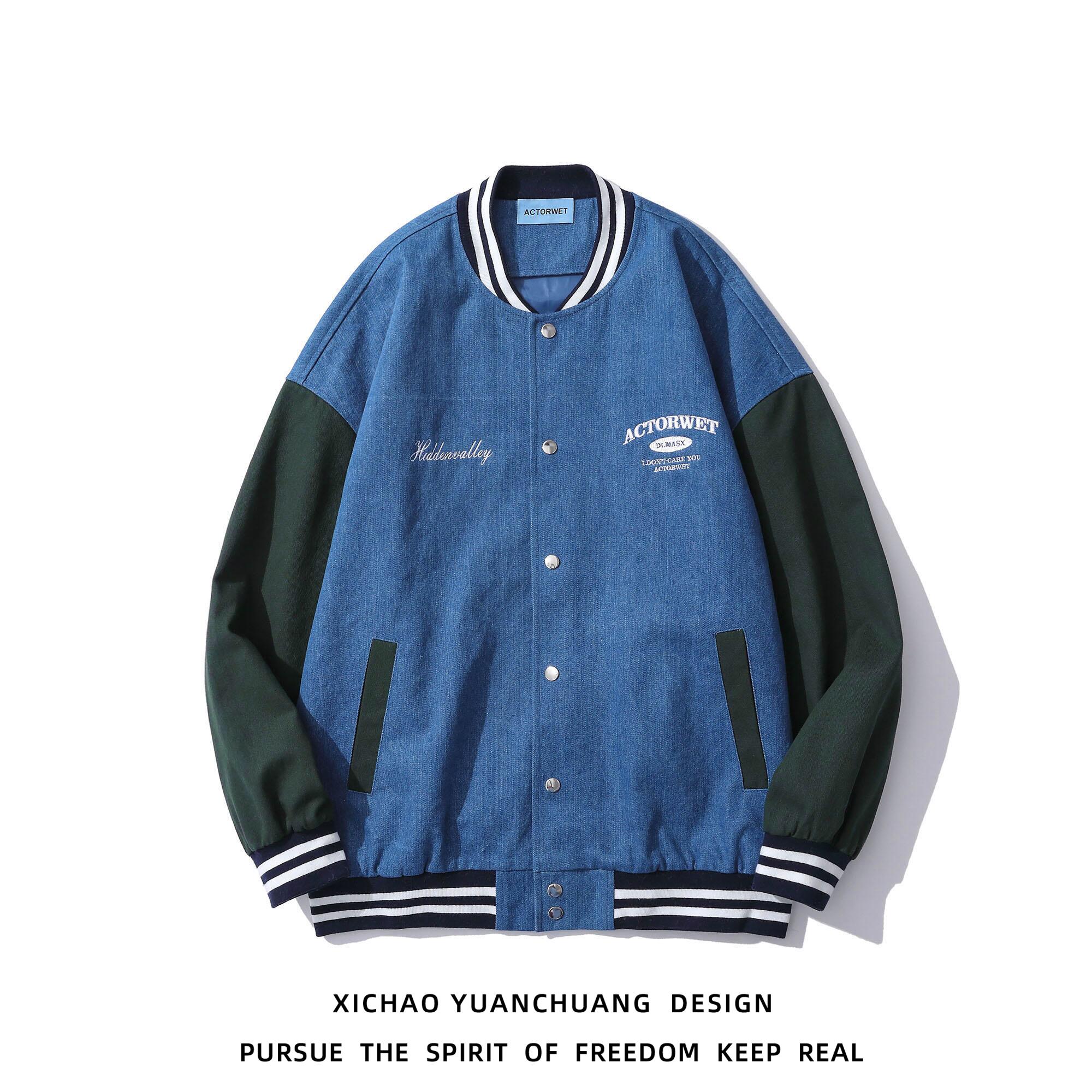 嘻潮原创美式复古刺绣牛仔棒球服外套夹克