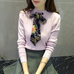 2016冬季新款韩版蝴蝶结系带长袖圆领套头毛衣打底针织衫上衣女装