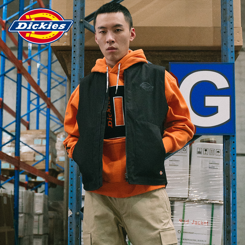 Dickieslogo刺绣棉马甲 男式字母贴布绣插袋棉背心DK006842