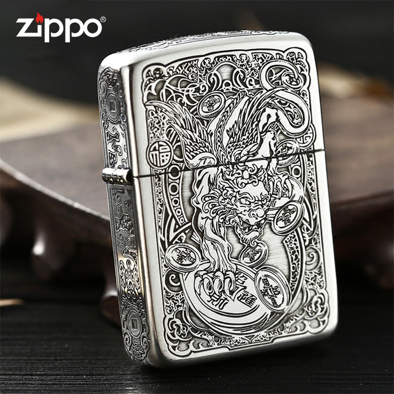 纯银打火机zippo正版美国原装正品纯银机五面雕刻吉祥神兽貔貅