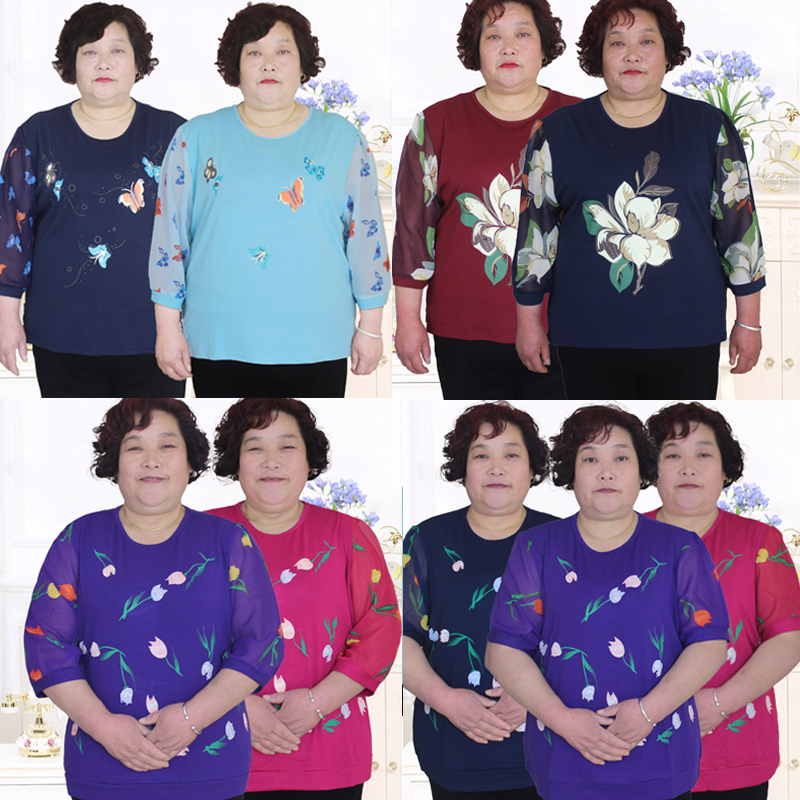 清仓特价促销印花中老年大码T恤女200斤宽松胖妈妈奶奶装上衣弹力