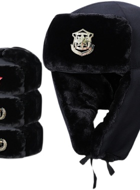 冬季保安棉帽男 加厚雷锋帽防寒 物业保安棉帽子治安帽黑色护耳帽