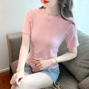 韩版夏季短袖t恤女不规则木耳边2022新款女上衣修身洋气时尚个性,女装T恤,洛大大