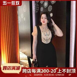 GLEC大码女装高端胖mm重工钉钻气质名媛风高级感泡泡袖网纱连衣裙