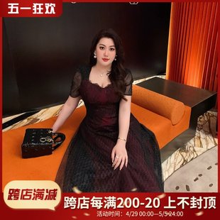 GLEC大码女装2024夏季新款法式复古奢华网纱名媛风渐变方领连衣裙