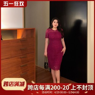 GLEC高端大码女装夏装2024年新款时尚优雅简约蕾丝胖mm显瘦连衣裙