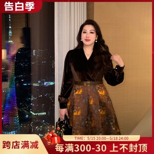 GLEC高端胖mm大码女装2024年秋冬新款复古丝绒拼接提花大摆连衣裙