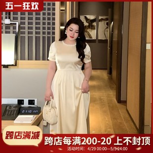 GLEC大码女装2024夏季新款高端重工钉珠法式轻奢小香风圆领连衣裙