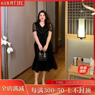 GLEC大码女装2024夏季新款高端轻奢钉珠法式赫本风黑色鱼尾连衣裙