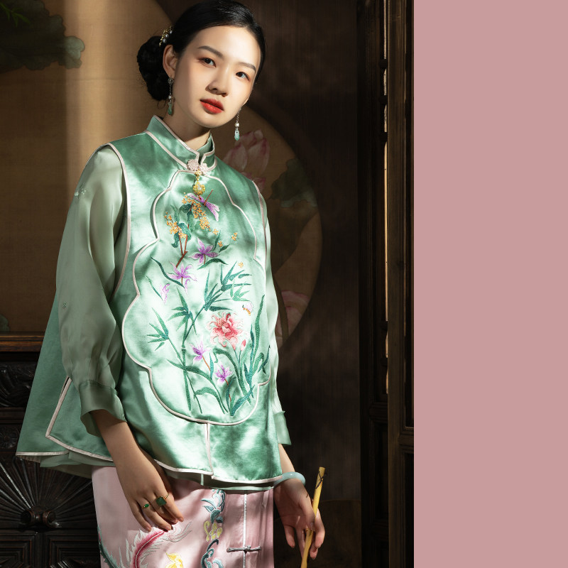 gd595精致花朵边 古董衣绣花马褂中式刺绣马甲坎肩复古国风马褂女