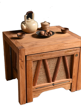 老榆木煮茶围炉桌实木小茶桌日式火钵碳炉茶台原木茶几简约火锅桌