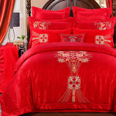 新婚庆四件套大红刺绣床品全棉结婚六八十件套纯棉床上用品加厚
