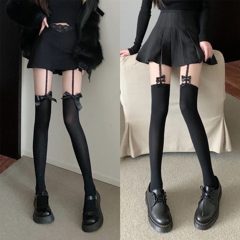 蝴蝶结吊带袜蕾丝性感黑色高筒袜甜酷少女jk过膝大腿袜2022年夏季