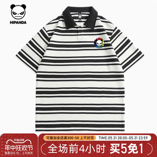 Hipanda你好熊猫黑白条纹潮牌polo衫短袖2024夏季新款男生个性短t