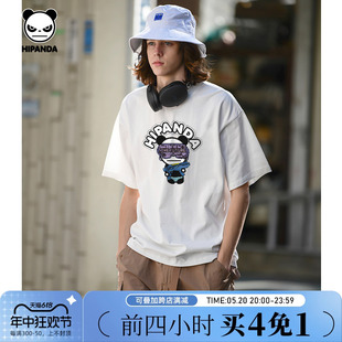 hipanda你好熊猫潮牌设计师款白色短袖T恤男2024夏季新款宽松体恤