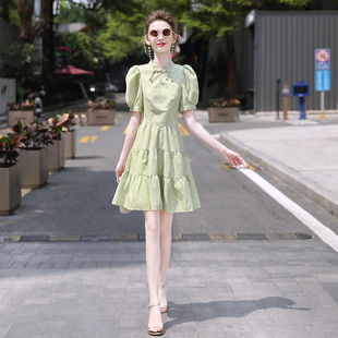 2024年夏季新款新中式女装裙子国风改良版旗袍式泡泡袖气质连衣裙