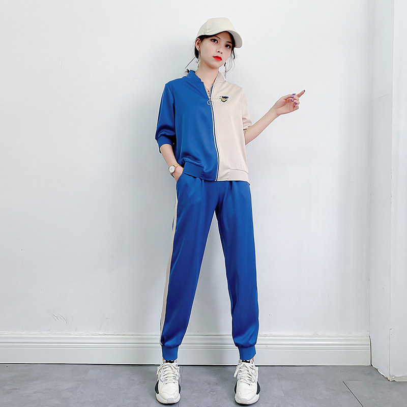 实拍 2021夏新款运动休闲套装女时尚拼色短袖棒球服哈伦裤两件套