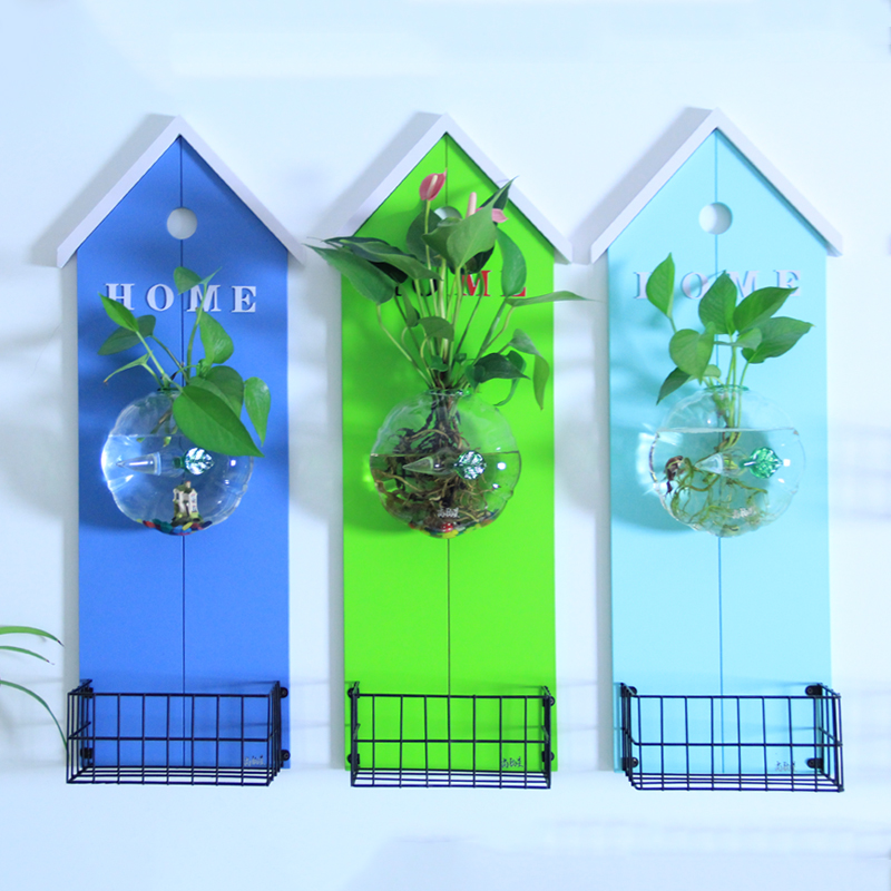 创意壁挂水培玻璃花瓶斗鱼缸花器木质置物架挂件室内墙上收纳装饰