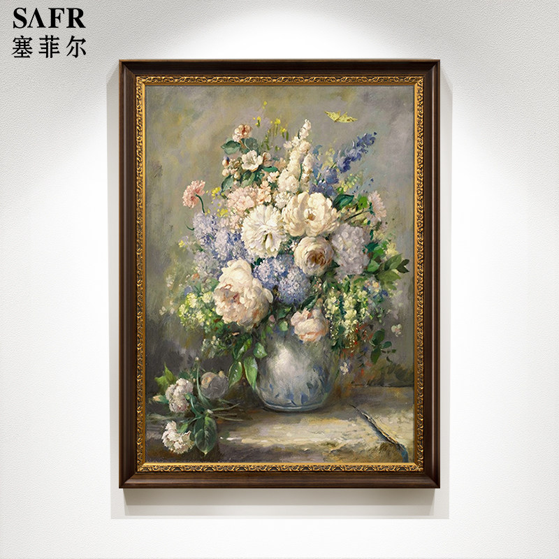 欧式手绘油画美式餐厅画玄关装饰画卧室床头壁画古典花卉挂画牡丹