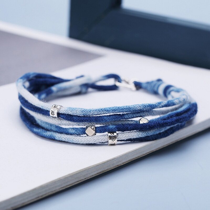 s925纯银编织手绳简约日系小众原创设计多层蓝色扎染男女情侣手链