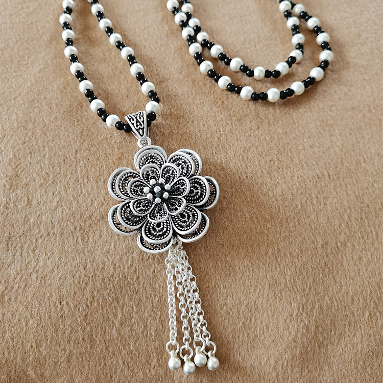时来运转花朵流苏吊坠挂件藏银复古四方来财民族风毛衣链长款项链