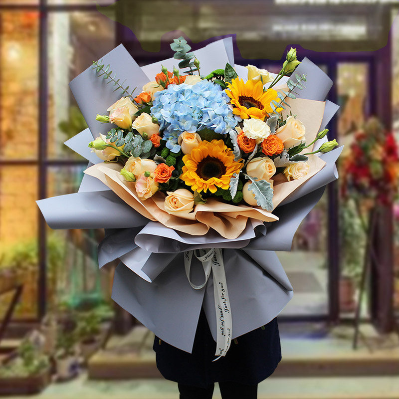 送男士生朋友鲜花束广州天河番禺上海同城速递向日葵香槟玫瑰生日