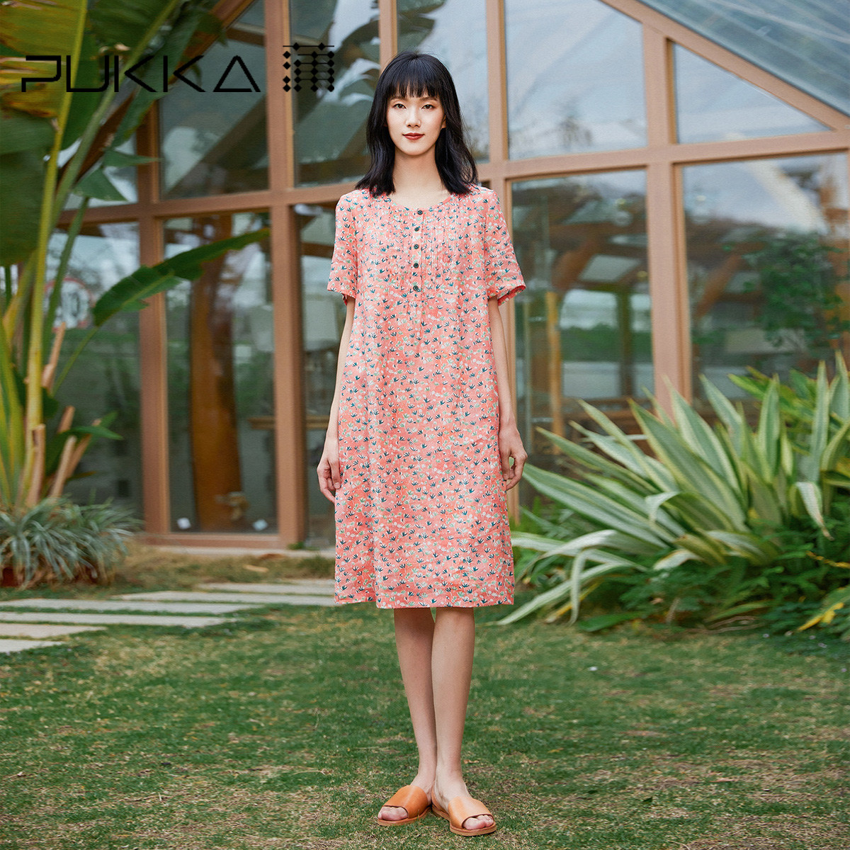 pukka蒲牌女装苎麻连衣裙夏季新款复古设计感印花裙商场同款