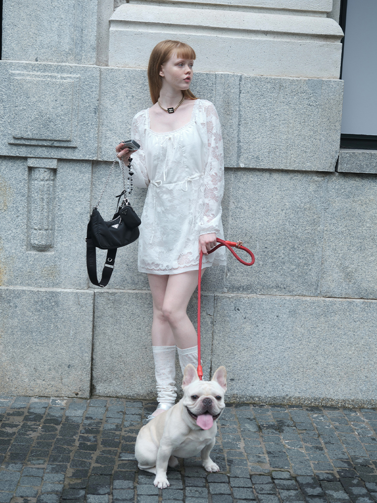 WANGREENxCHENCLEAN独立设计白色慵懒蕾丝长袖连衣裙WxC