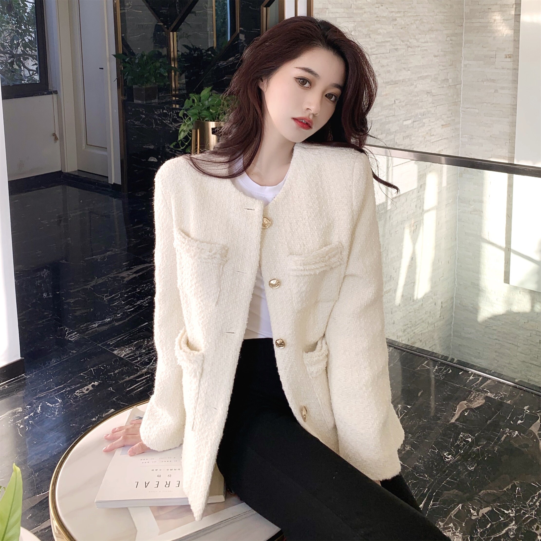 实拍实价 复古小香风气质粗花呢短外套女小个子呢子上衣