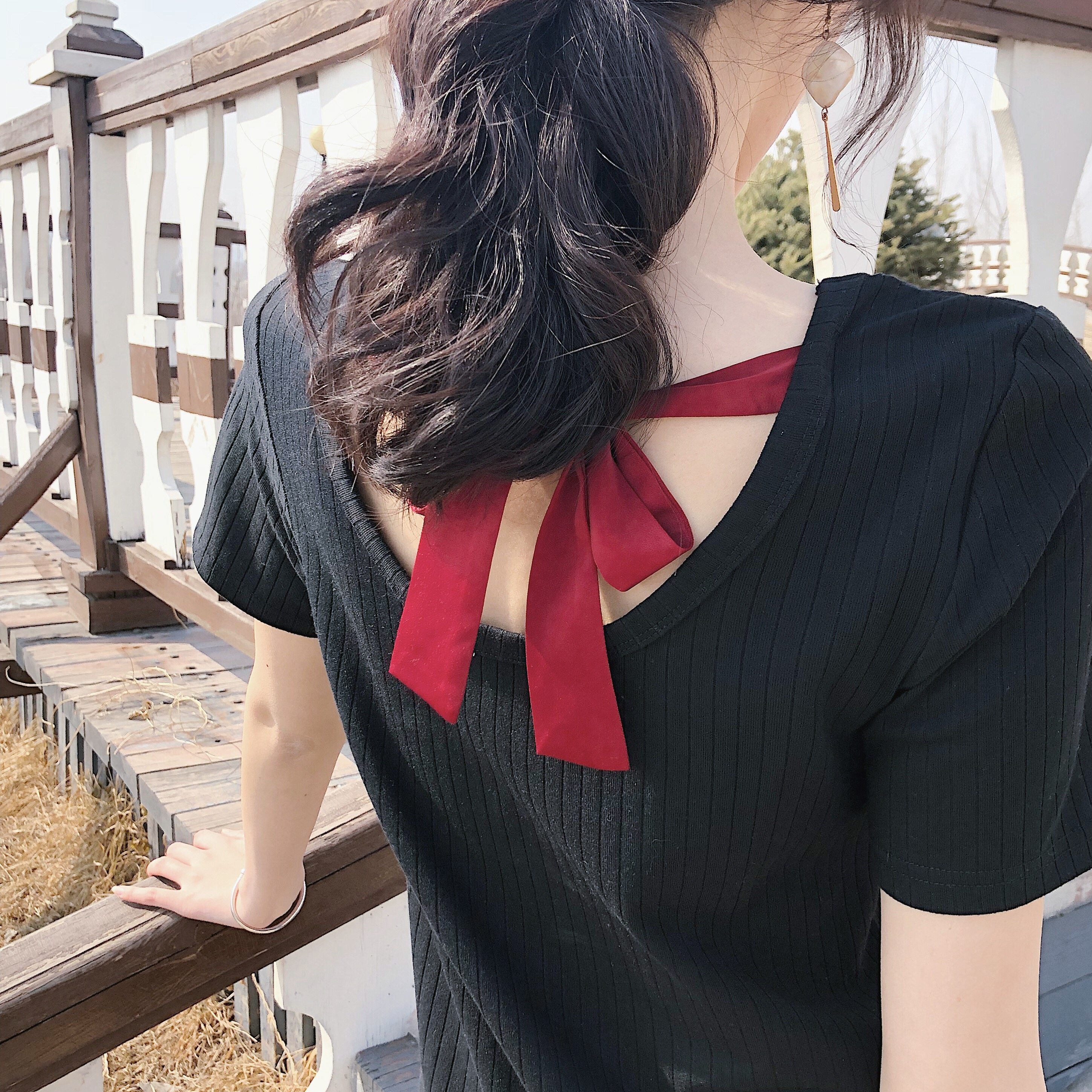 实拍实价 夏季韩风chic气质 百搭后背绑带设计撞色连衣裙