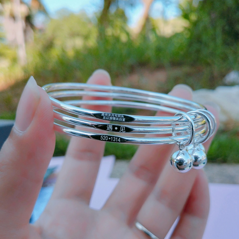 s999足银手镯女 三生三世纯银简约三圈手环银饰送女友情人节礼物