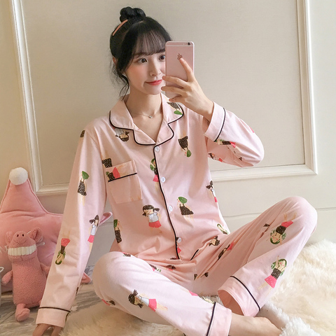 秋天睡衣女棉质长袖开衫甜美家居服女式春秋宽松韩版休闲套装薄款