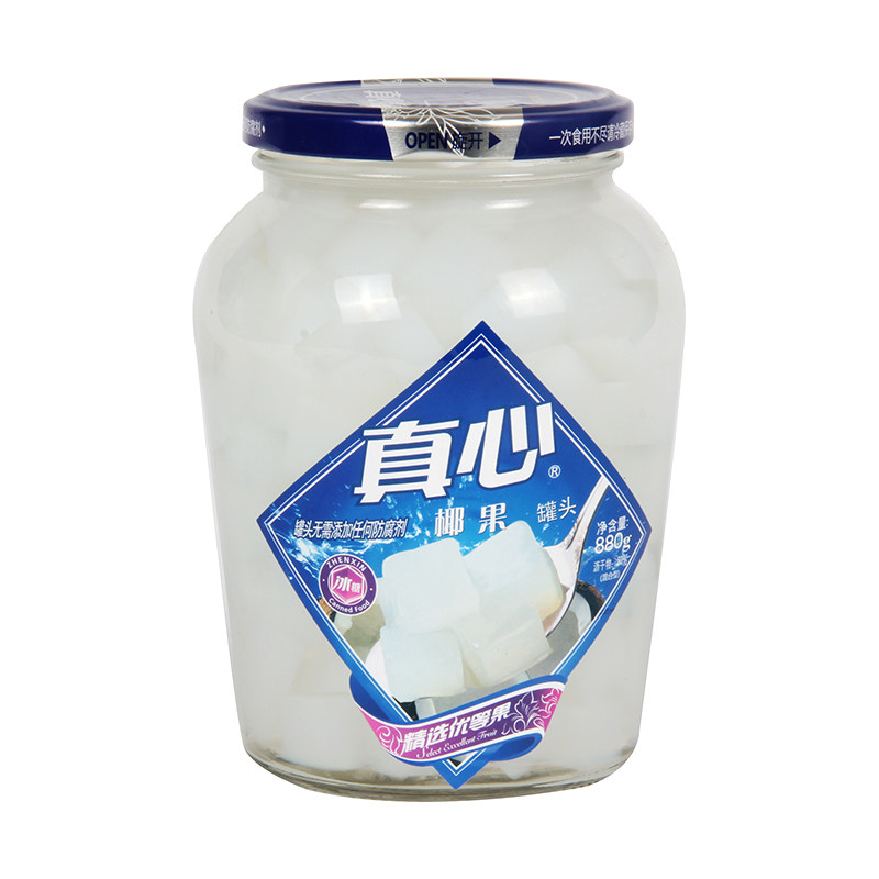 热销真心黄桃罐头880g_真心冰糖椰果罐头880g/瓶水果营养能量蛋白美味