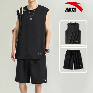 安踏速干背心短裤套装男黑色透气篮球服夏季休闲正品潮流搭配一套