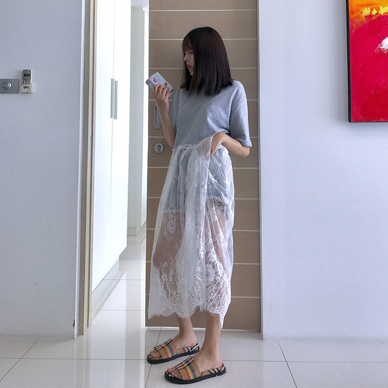X-PANDA T恤连衣裙2018夏季新款韩版小清新蕾丝拼接假两件打底衫