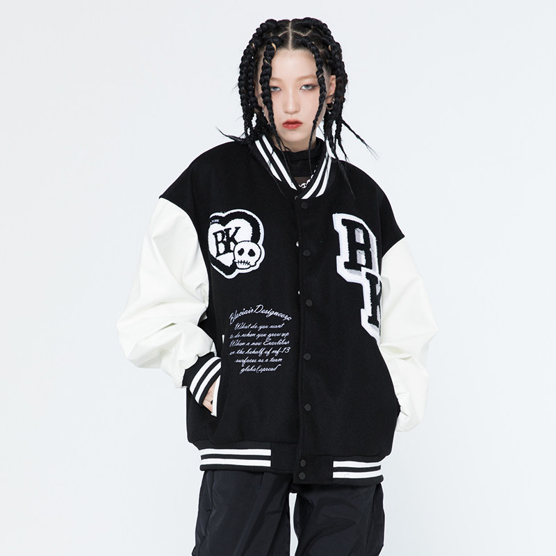 blackair原创美式高街复古拼接刺绣爱心棒球服宽松情侣夹克外套